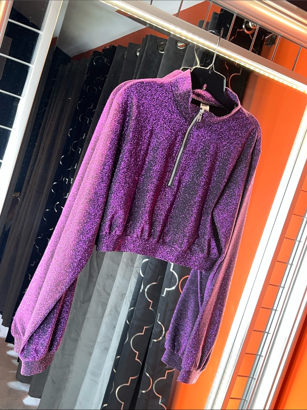 💜 Balera Metallic Purple Glitter Mock Neck Half-Zip Crop Top L 🔮